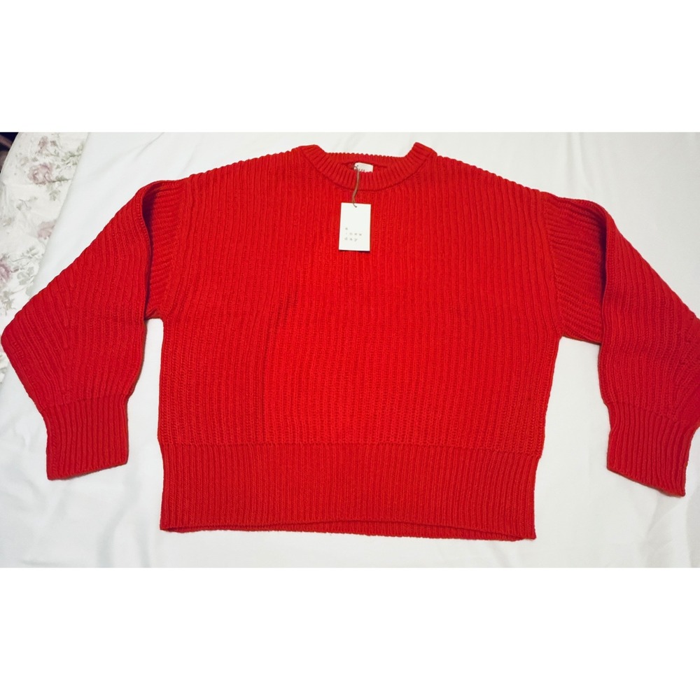 A New Day Ribbed Crewneck Sweater Womens Large Red NEW Chunky Knit Relaxed Fit